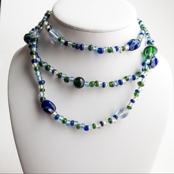 Vintage Coro Necklace Beaded Glass Long Flapper Necklace Blue Green Clear - Picture 5 of 10